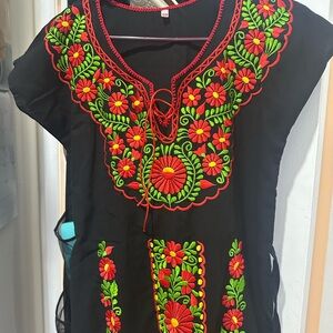 Embroidered Black Dress with Red and Green Floral Design